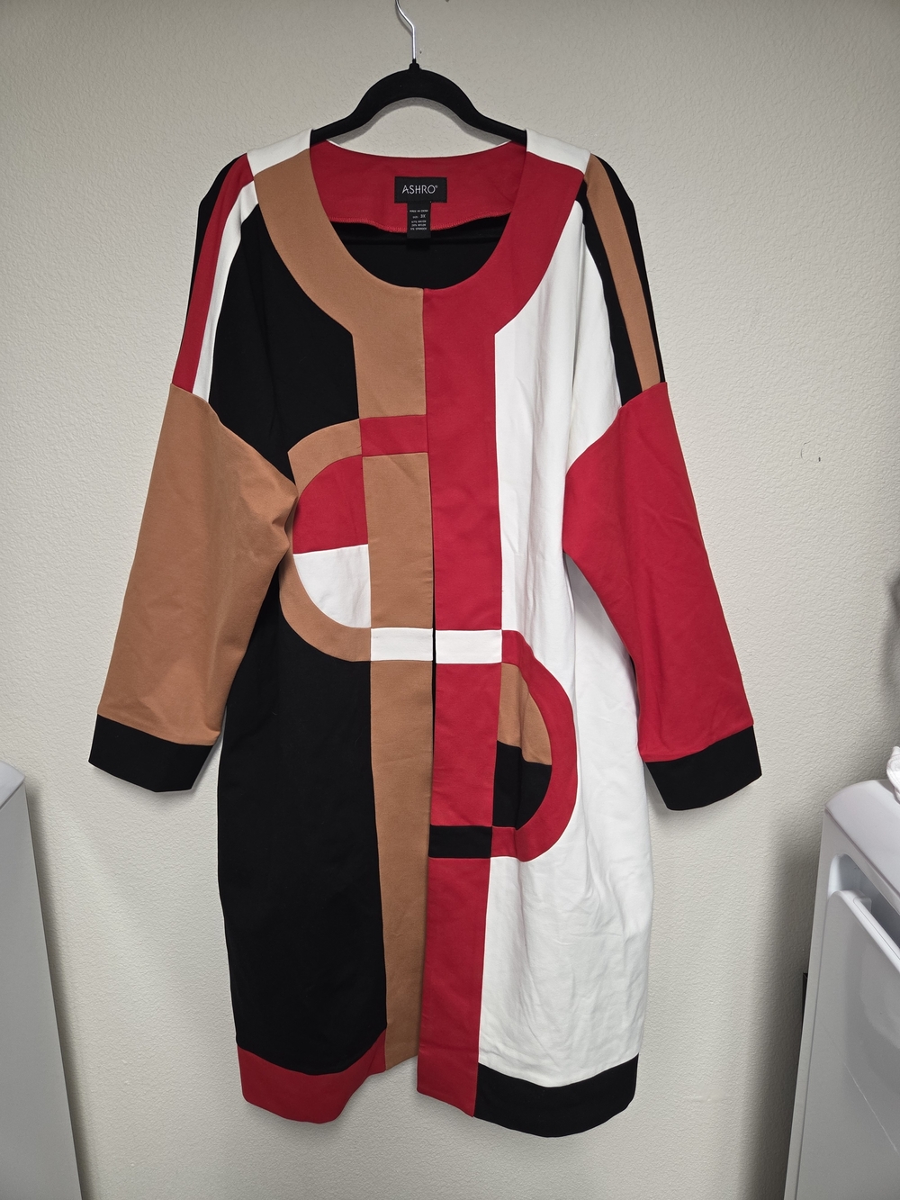 ASHRO Geometric Colorblock Tunic Dress - Red, Black, White, Brown